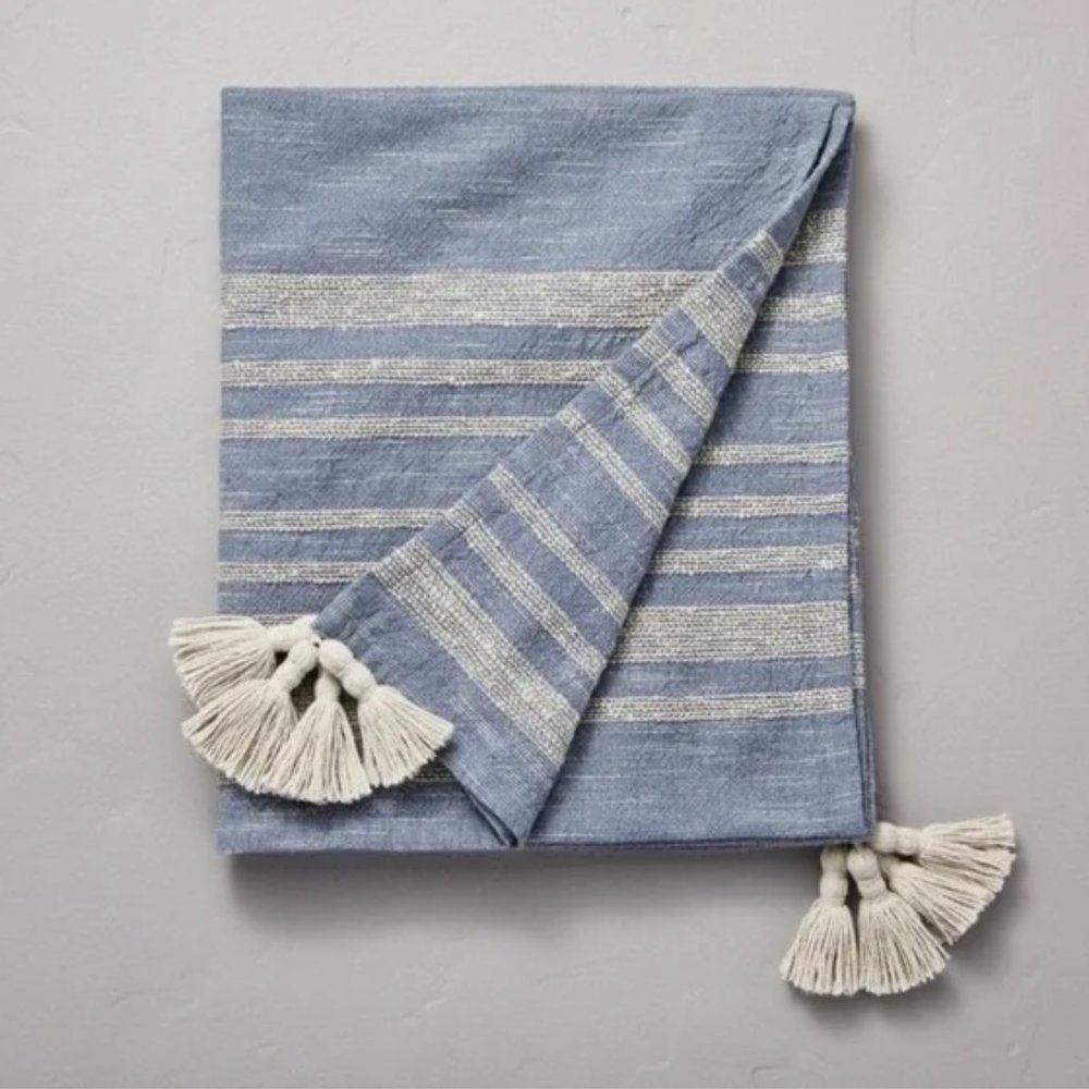 HEARTH & HAND Magnolia Heathered Stripe Tasseled Woven Throw Blanket Blue